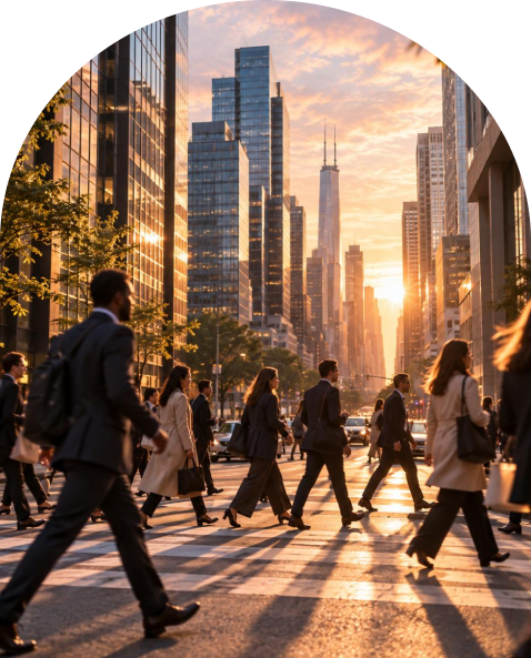 Professionals crossing a city street at sunset